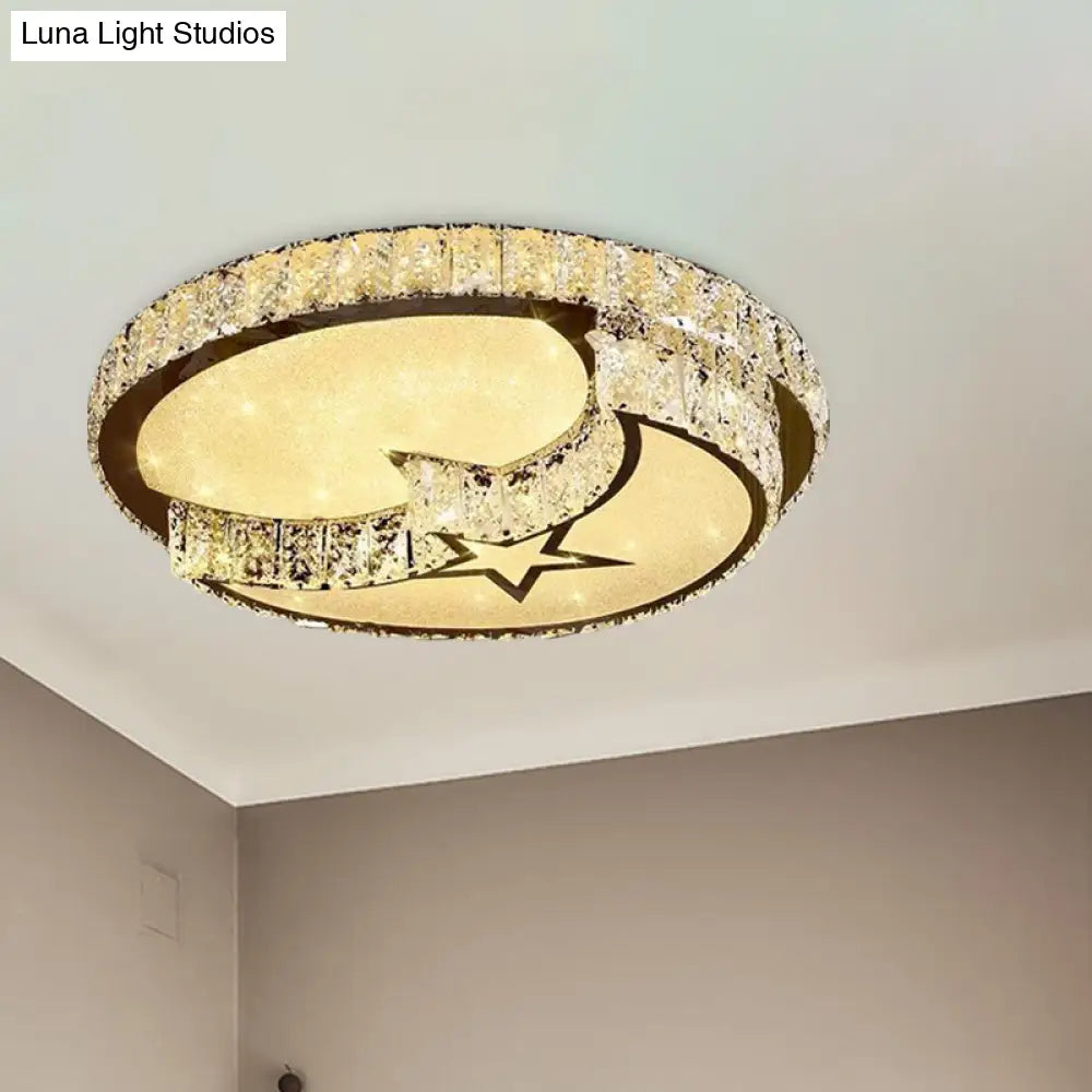 Modern Led Ceiling Light With White Moon And Star/Heart Design Crystal Block Accent - Perfect For