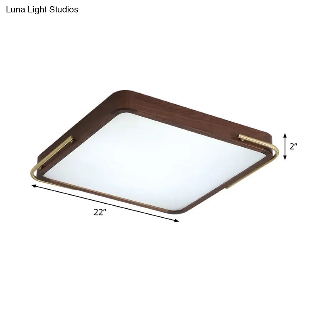 Modern Led Ceiling Light With Wood Shade - Brown Square/Rectangle Flush Mount 13/19/27