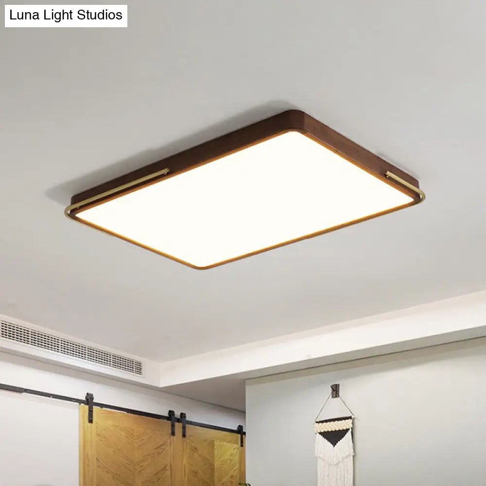 Modern Led Ceiling Light With Wood Shade - Brown Square/Rectangle Flush Mount 13/19/27