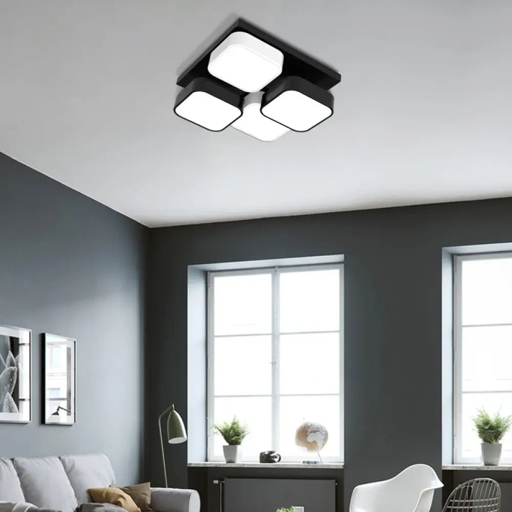 Modern Led Ceiling Mount Light - Square Kitchen Bedroom Lamp (4/6/9/12/16/20 Heads) In Black 4 /