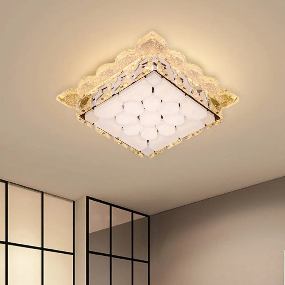 Modern Led Ceiling Mount Square Crystal Flush Light For Hallway With Acrylic Shade White