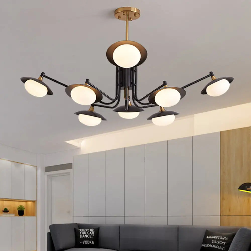 Modern Led Chandelier Pendant Light - Oval Shape White Frosted Glass 8 Lights Black/Gold Hanging