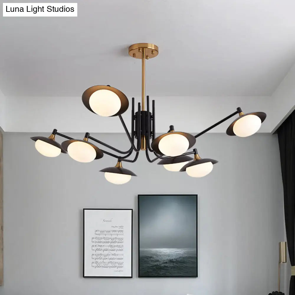 Modern Oval Led Pendant Chandelier With White Frosted Glass And 8 Black Gold Lights