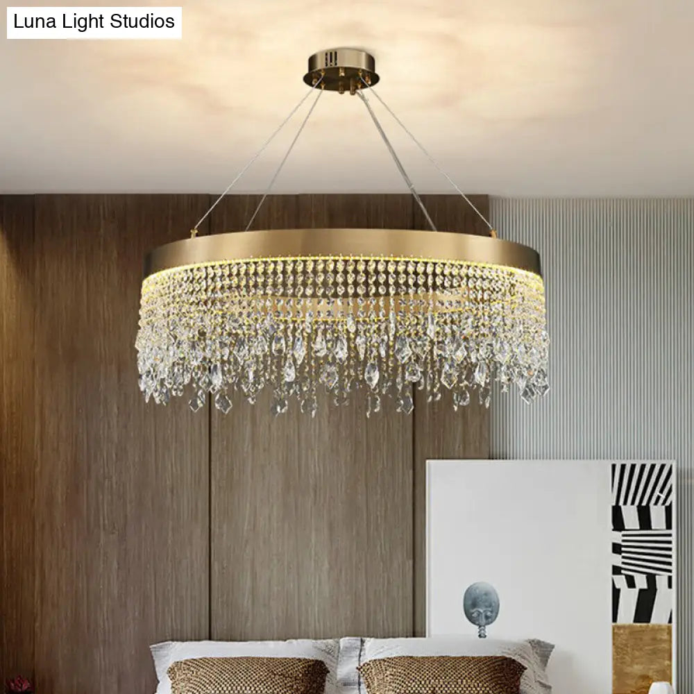 Gold Led Chandelier - Stainless Steel Pendant Lamp With Draping Crystals