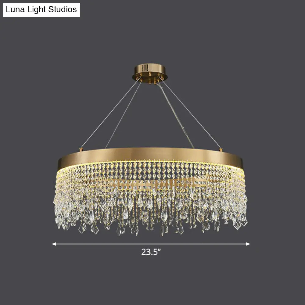 Gold Led Chandelier - Stainless Steel Pendant Lamp With Draping Crystals / 23.5