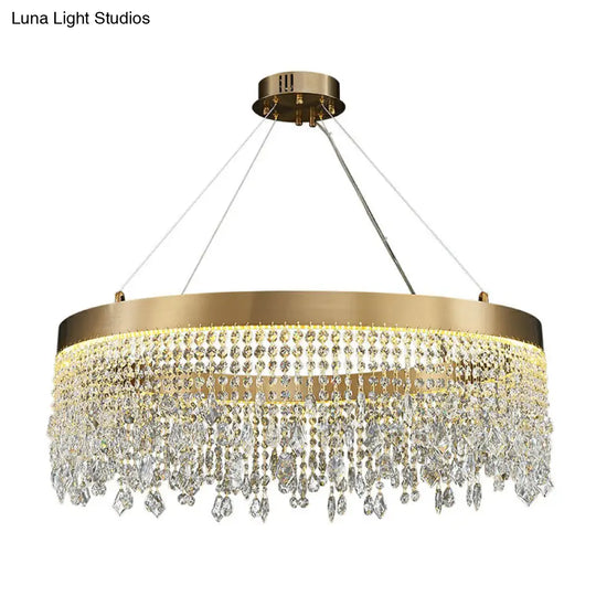 Modern Led Chandelier With Crystal Drapes And Stainless Steel Ring Shape