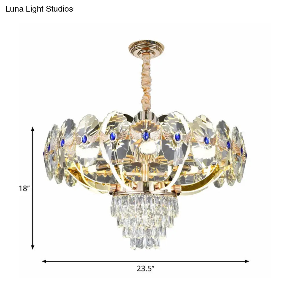 Modern Gold Led Chandelier With Crystal Panels - Oblong Down Lighting Pendant