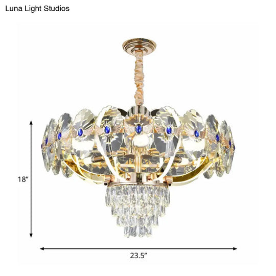 Modern Gold Led Chandelier With Crystal Panels - Oblong Down Lighting Pendant