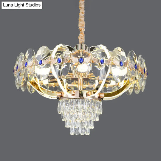 Modern Gold Led Chandelier With Crystal Panels - Oblong Down Lighting Pendant