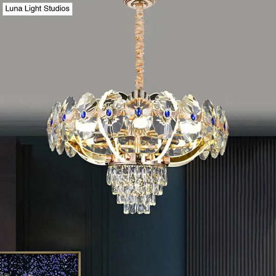 Modern Gold Led Chandelier With Crystal Panels - Oblong Down Lighting Pendant Clear