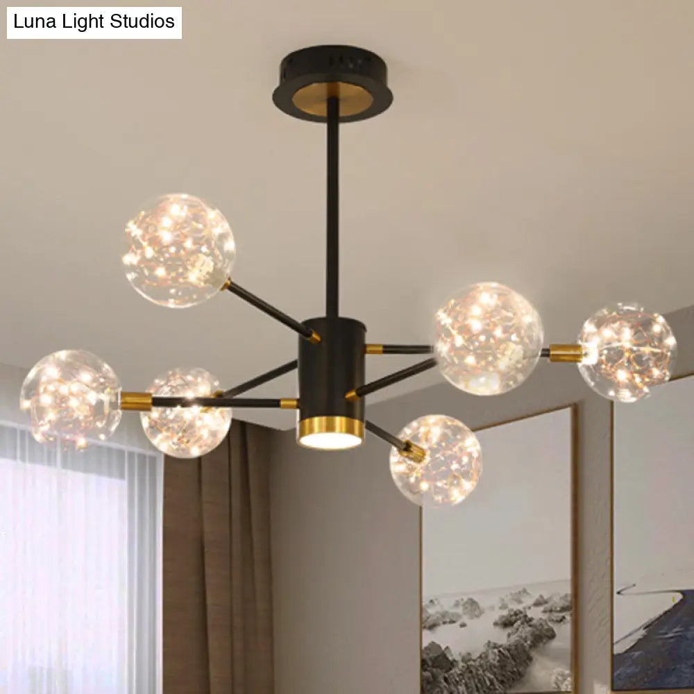 Modern Metal Led Chandelier With Orb Glass Shade For Living Room - Starburst Hanging Ceiling Light 6