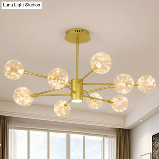 Modern Metal Led Chandelier With Orb Glass Shade For Living Room - Starburst Hanging Ceiling Light