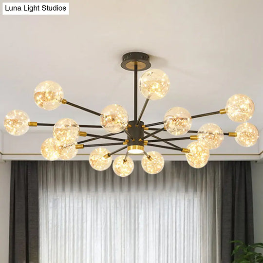 Modern Metal Led Chandelier With Orb Glass Shade For Living Room - Starburst Hanging Ceiling Light