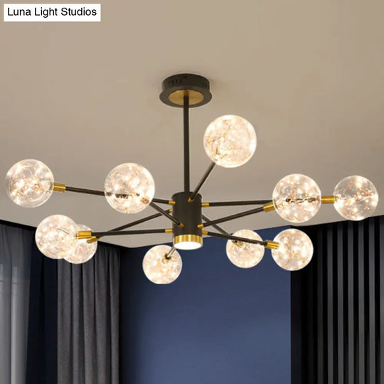 Modern Metal Led Chandelier With Orb Glass Shade For Living Room - Starburst Hanging Ceiling Light