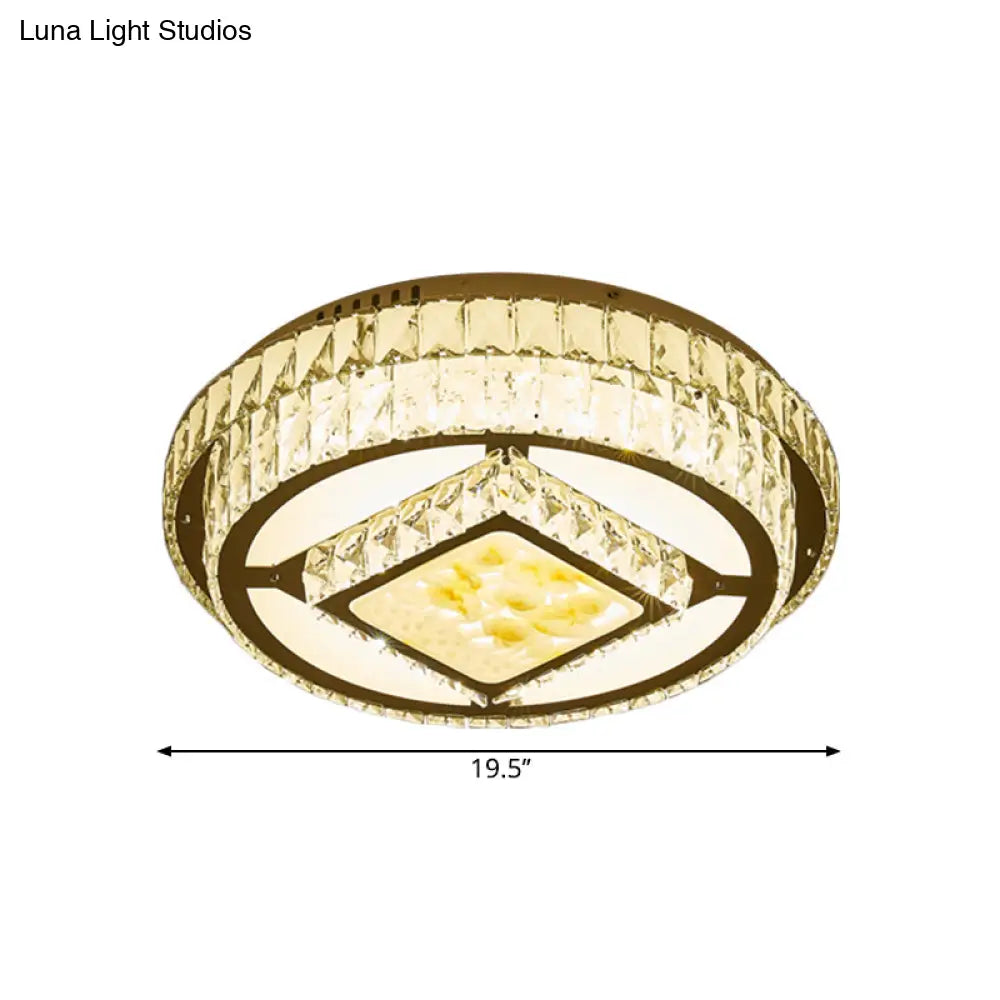 Modern Led Chrome Ceiling Fixture With Lotus Design: Crystal Block Circle Flush Mount