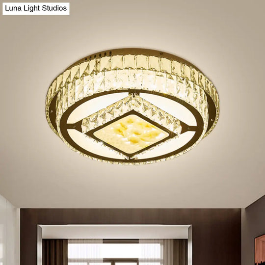 Modern Led Chrome Ceiling Fixture With Lotus Design: Crystal Block Circle Flush Mount