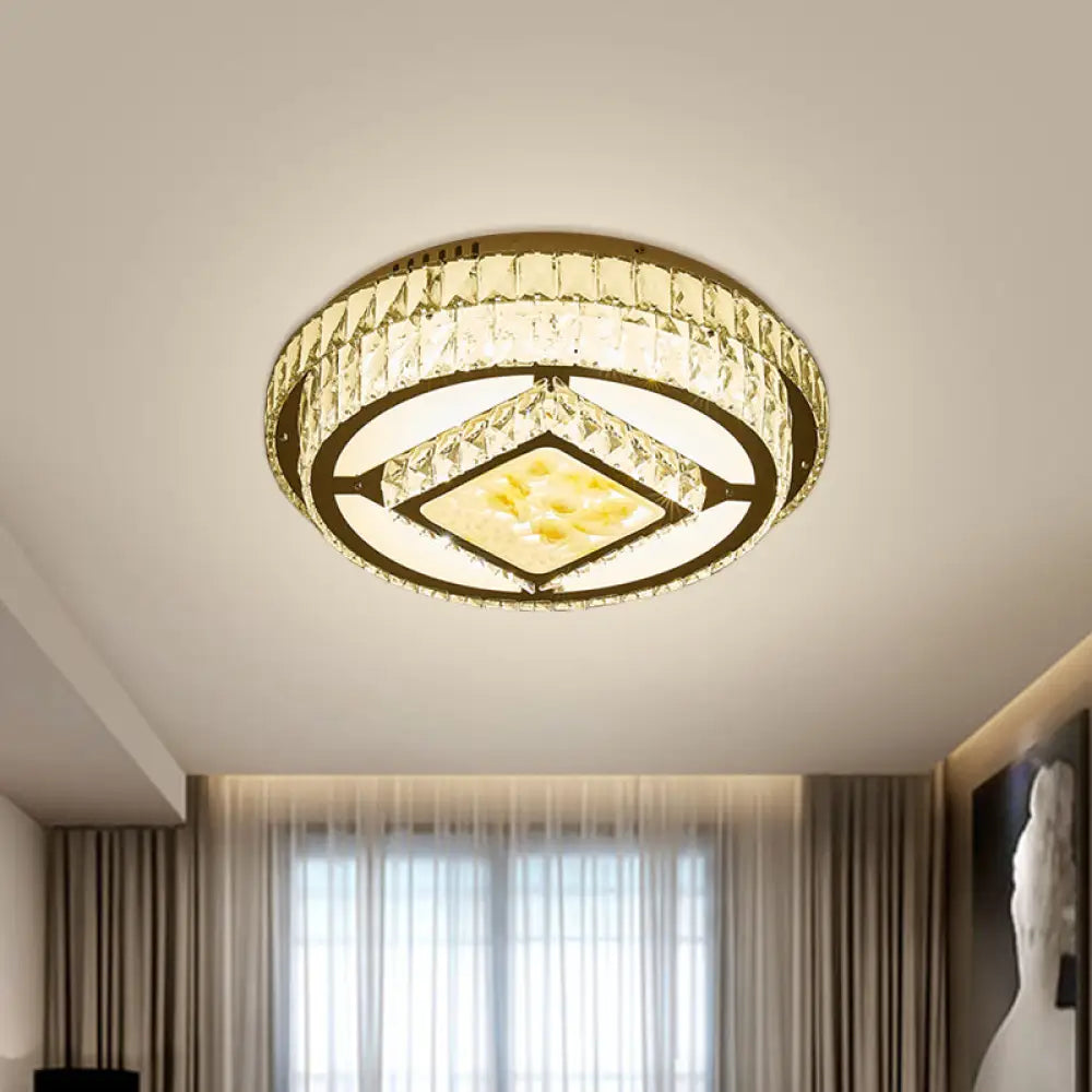 Modern Led Chrome Ceiling Fixture With Lotus Design: Crystal Block Circle Flush Mount