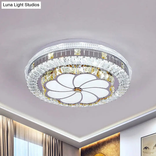 Modern Led Chrome Ceiling Light With Lotus Pattern And Faceted Crystal Flush Mount