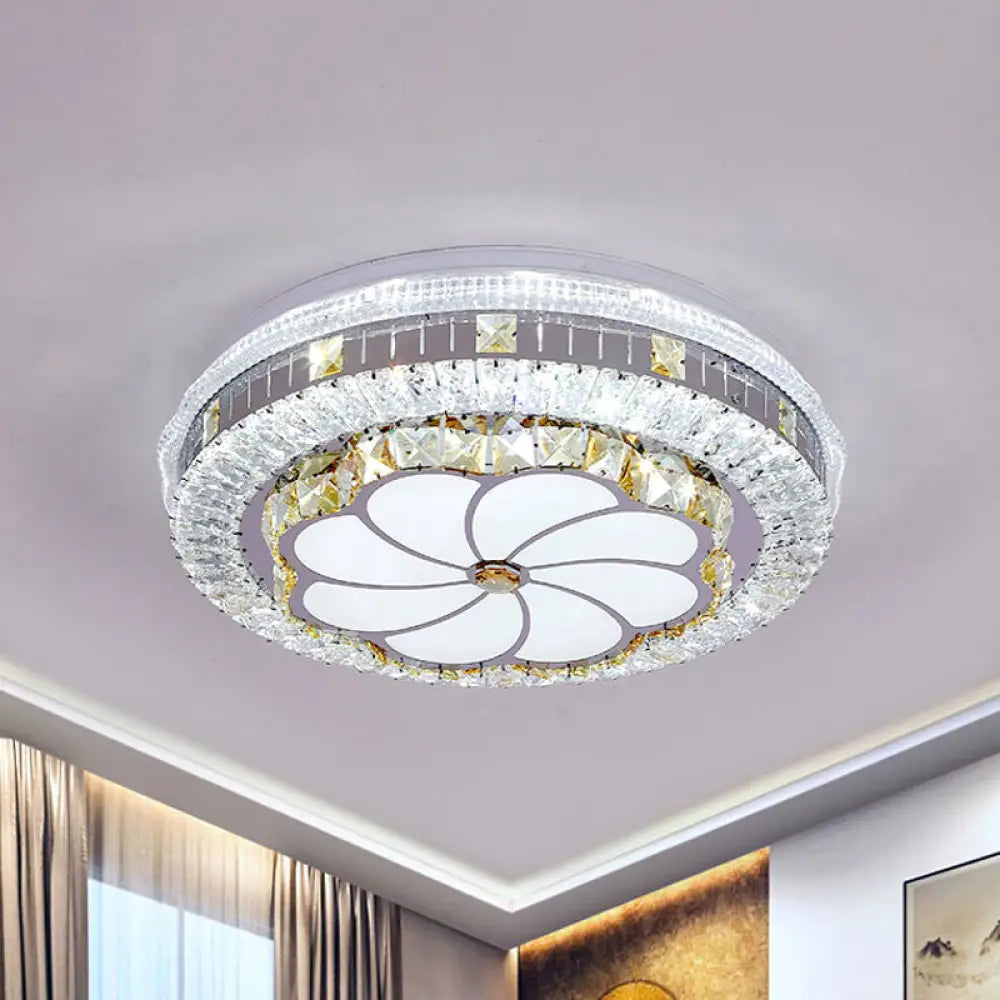Modern Led Chrome Ceiling Light With Lotus Pattern And Faceted Crystal Flush Mount’