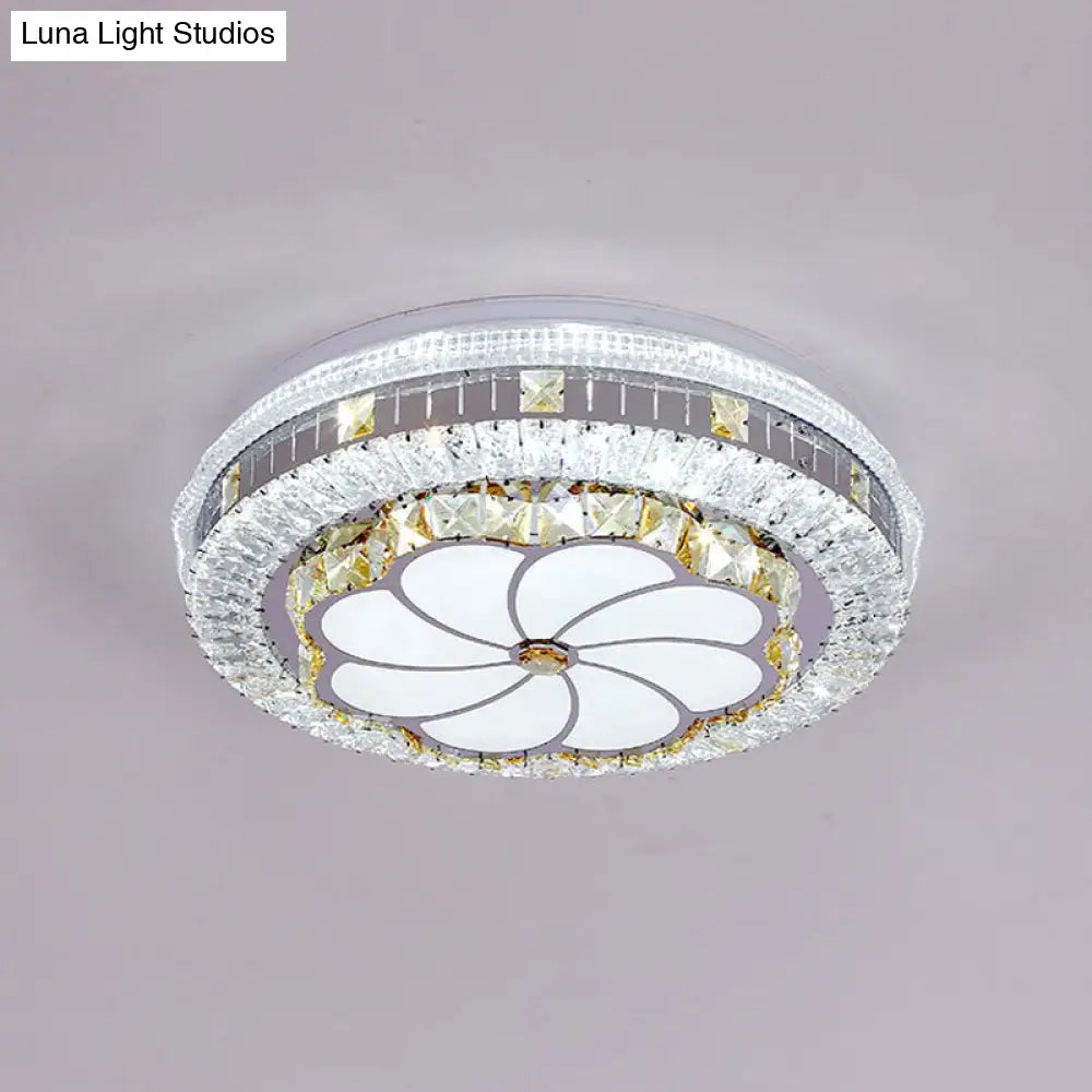 Modern Led Chrome Ceiling Light With Lotus Pattern And Faceted Crystal Flush Mount