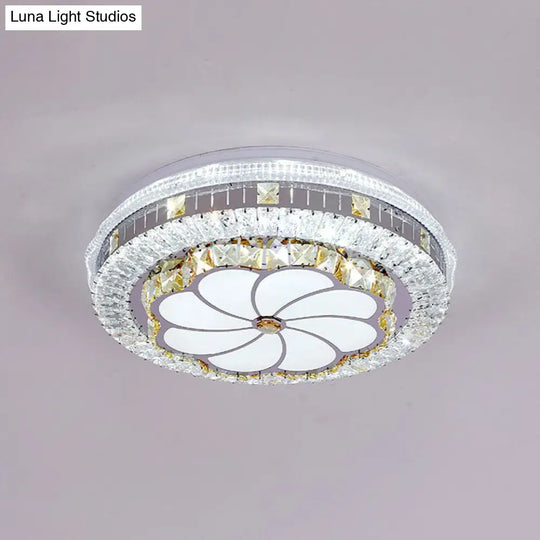 Modern Led Chrome Ceiling Light With Lotus Pattern And Faceted Crystal Flush Mount