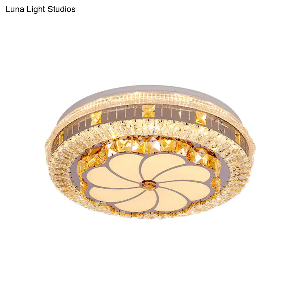 Modern Led Chrome Ceiling Light With Lotus Pattern And Faceted Crystal Flush Mount’
