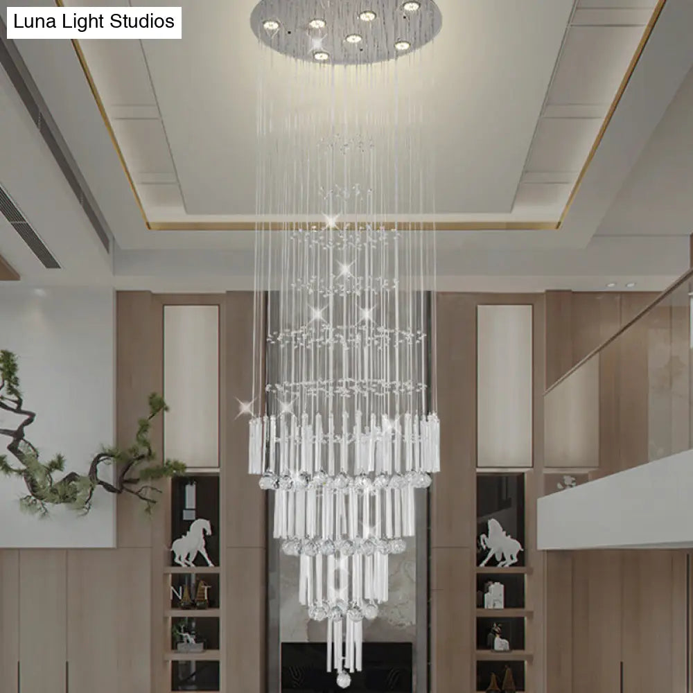 Tapered Led Drop Pendant Light In Chrome Crystal - Modernist Style For Living Room