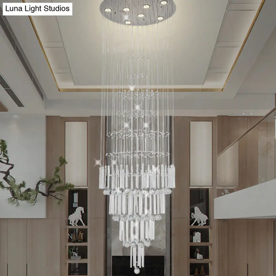 Tapered Led Drop Pendant Light In Chrome Crystal - Modernist Style For Living Room