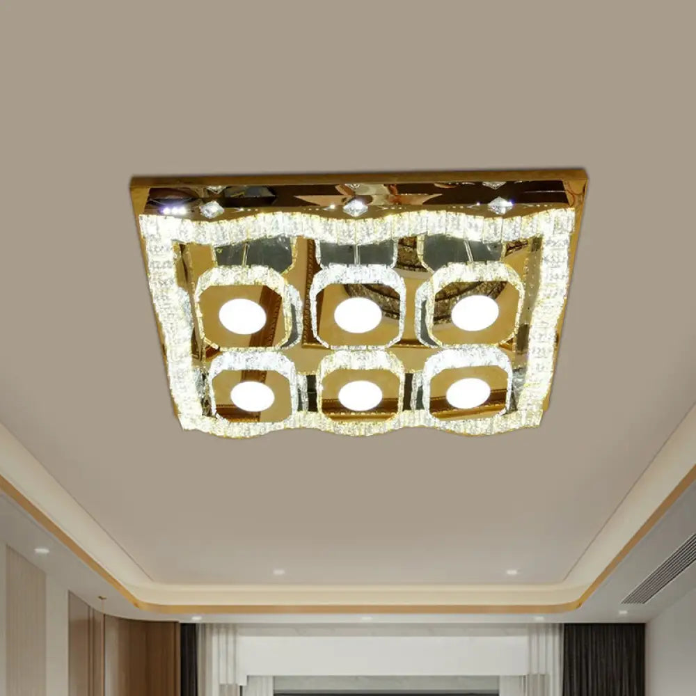 Modern Led Chrome Flush Ceiling Light Fixture - Clear Crystal Wave Rectangle Lamp