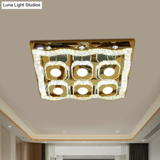 Modern Led Chrome Flush Ceiling Light Fixture - Clear Crystal Wave Rectangle Lamp