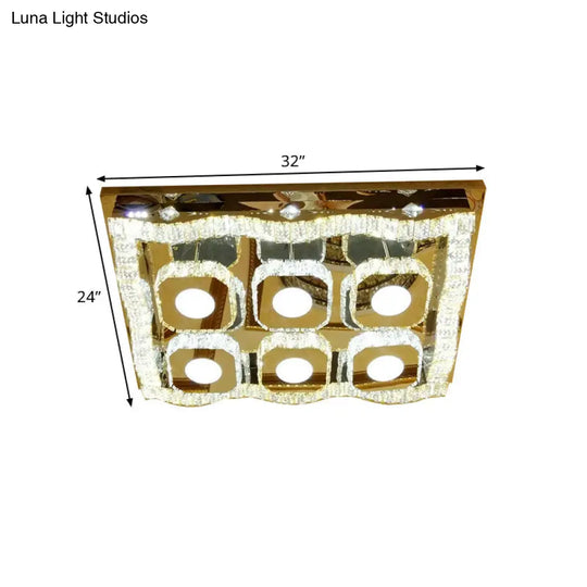 Modern Led Chrome Flush Ceiling Light Fixture - Clear Crystal Wave Rectangle Lamp