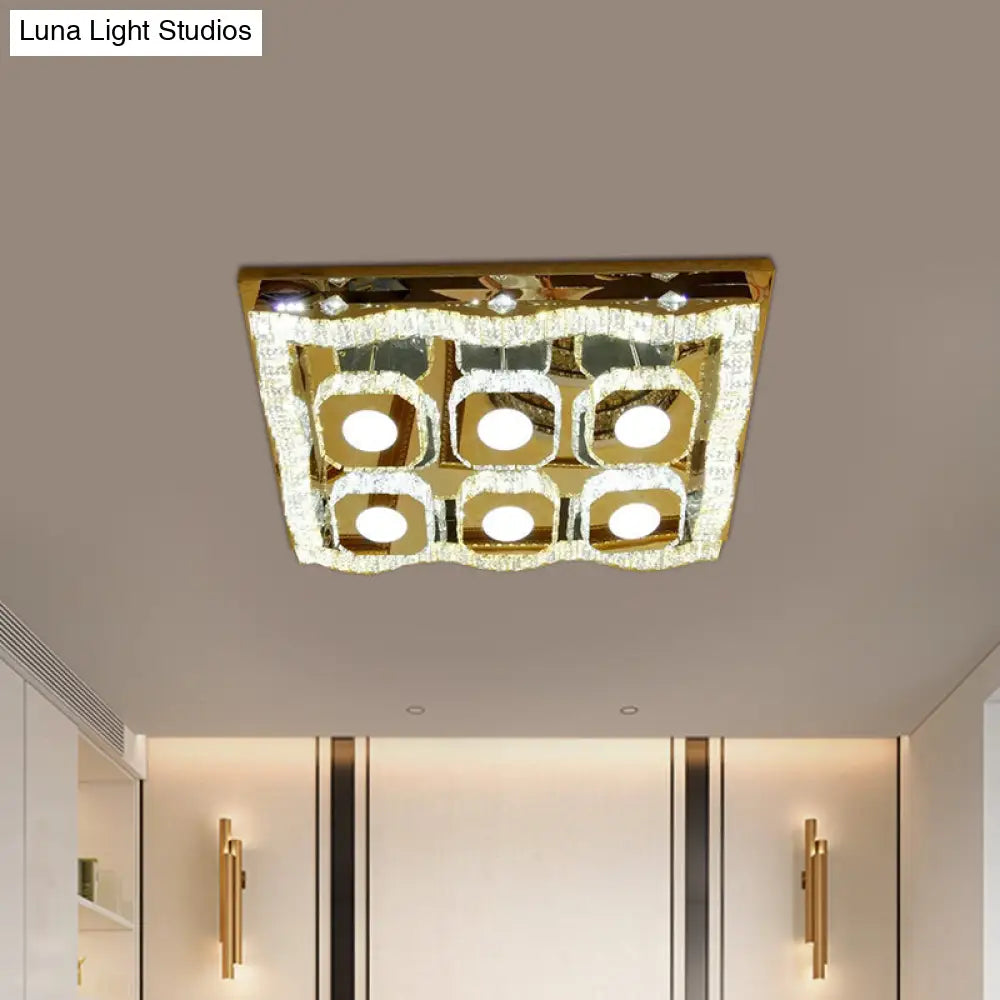 Modern Led Chrome Flush Ceiling Light Fixture - Clear Crystal Wave Rectangle Lamp