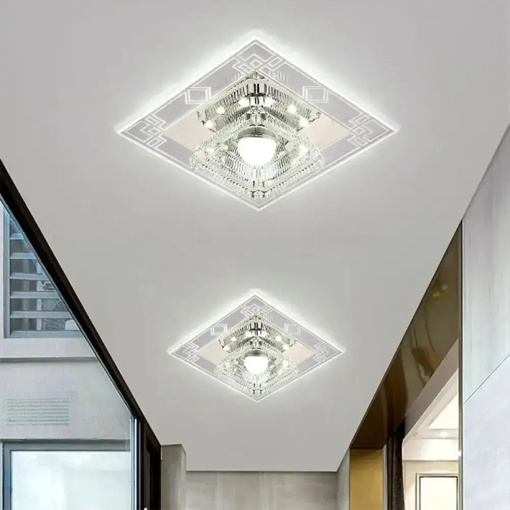 Modern Led Chrome Flush Ceiling Light With Crystal Shade / Warm