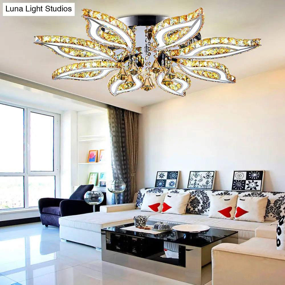 Modern Led Chrome Flush Mount Ceiling Light With Crystal Flower Design And Acrylic Diffuser In