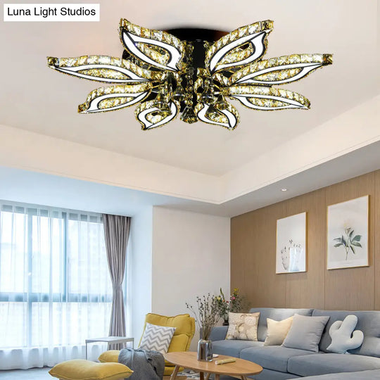Modern Led Chrome Flush Mount Ceiling Light With Crystal Flower Design And Acrylic Diffuser In