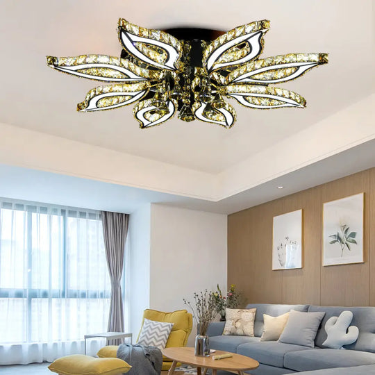 Modern Led Chrome Flush Mount Ceiling Light With Crystal Flower Design And Acrylic Diffuser In
