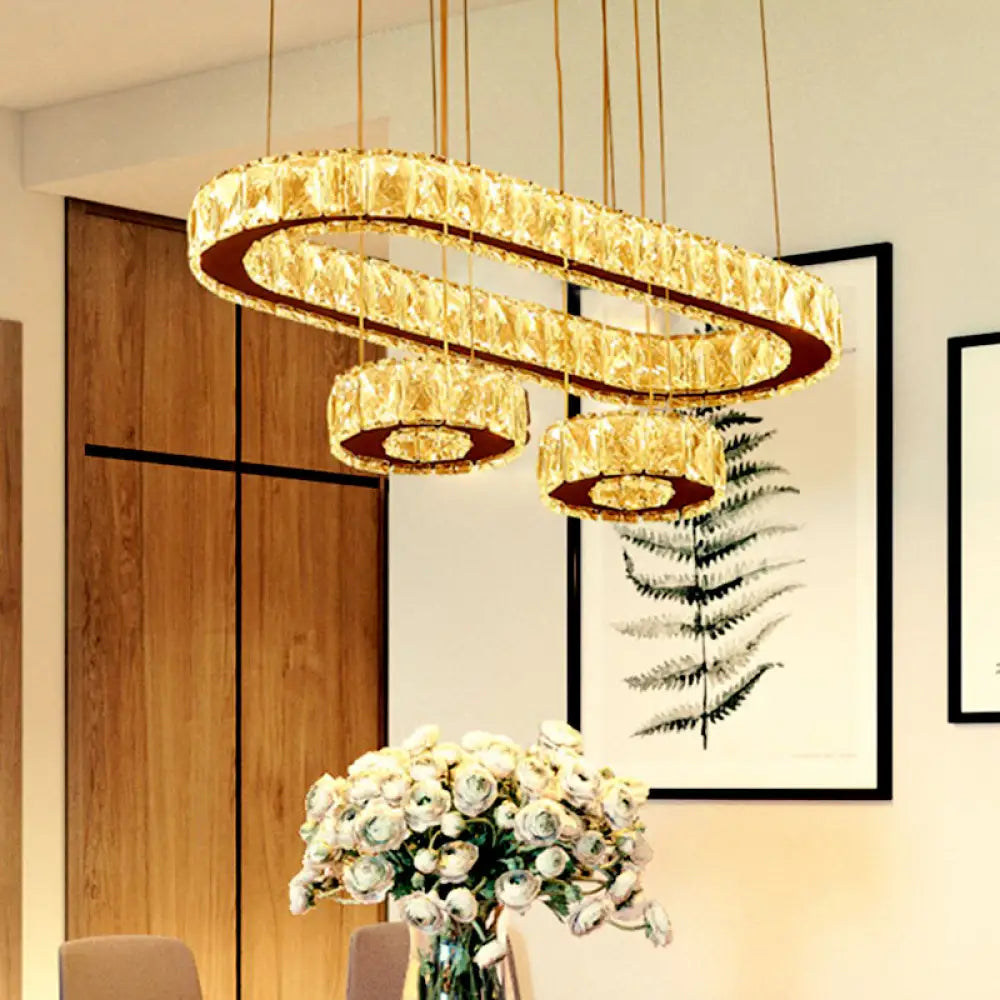 Modern Led Chrome Pendant Chandelier Light With Beveled Crystal Oval Design Stainless-Steel