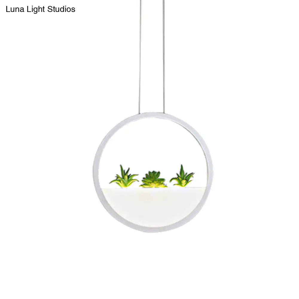 Modernist 11/14 White Led Pendant Lamp With Plant Decor - Circular Bedside Ceiling Light