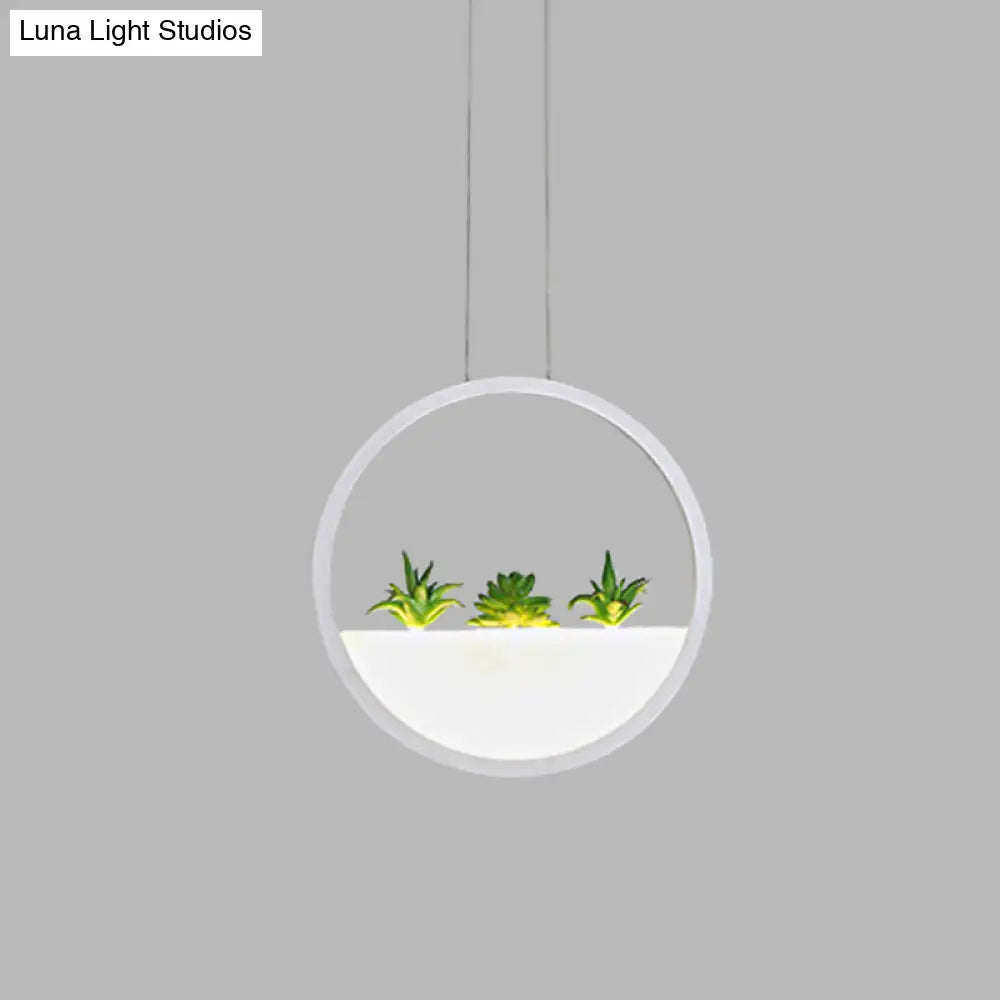 Modernist 11/14 White Led Pendant Lamp With Plant Decor - Circular Bedside Ceiling Light