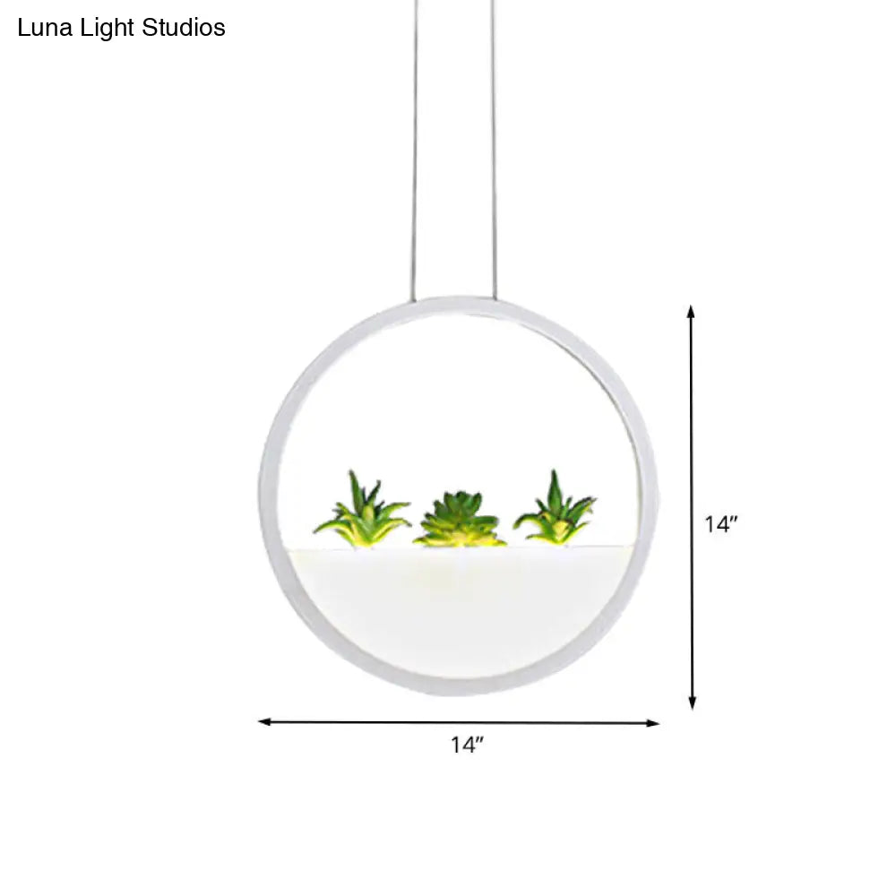 Modernist 11/14 White Led Pendant Lamp With Plant Decor - Circular Bedside Ceiling Light