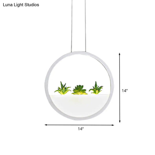 Modernist 11/14 White Led Pendant Lamp With Plant Decor - Circular Bedside Ceiling Light