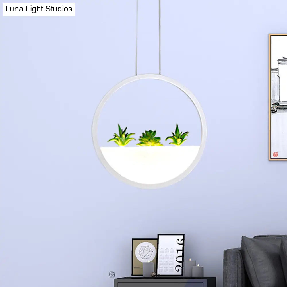 Modernist 11/14 White Led Pendant Lamp With Plant Decor - Circular Bedside Ceiling Light / 11 Warm