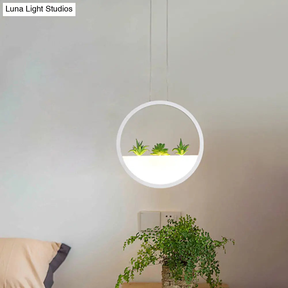 Modernist 11/14 White Led Pendant Lamp With Plant Decor - Circular Bedside Ceiling Light