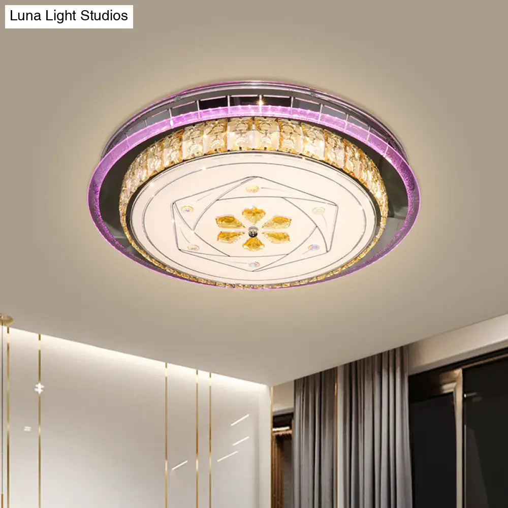 Modern Led Clear Crystal Blocks Stainless-Steel Round Flush Mount Lamp For Bedrooms