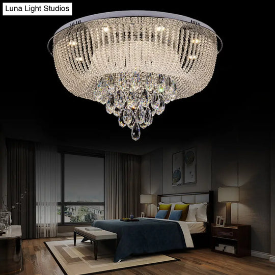 Modern Led Clear Crystal Flush Mount Light With Round Shade For Bedroom