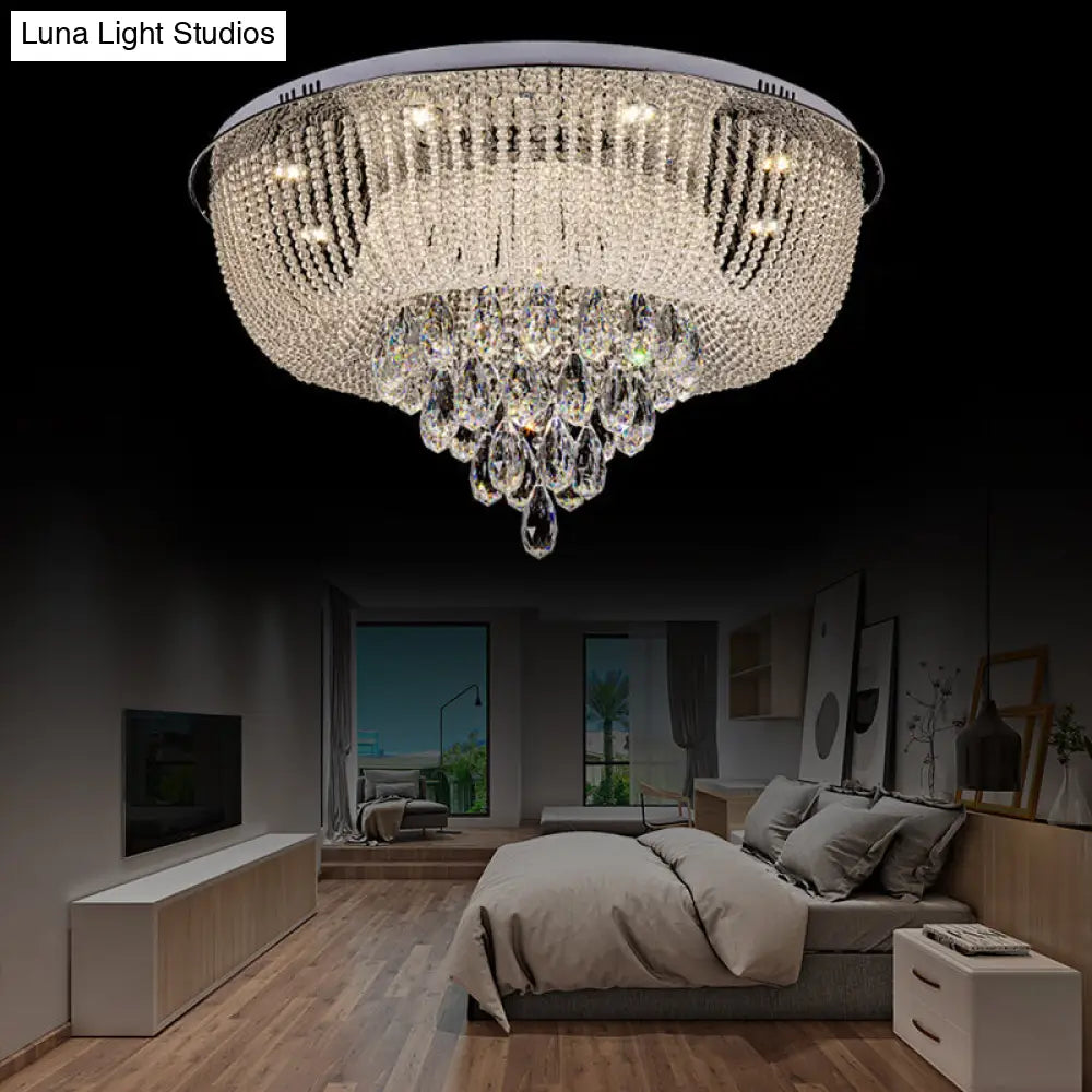 Modern Led Clear Crystal Flush Mount Light With Round Shade For Bedroom