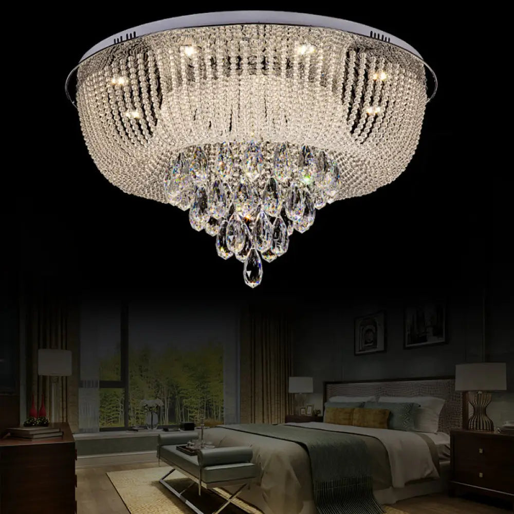 Modern Led Clear Crystal Flush Mount Light With Round Shade For Bedroom / 23.5’