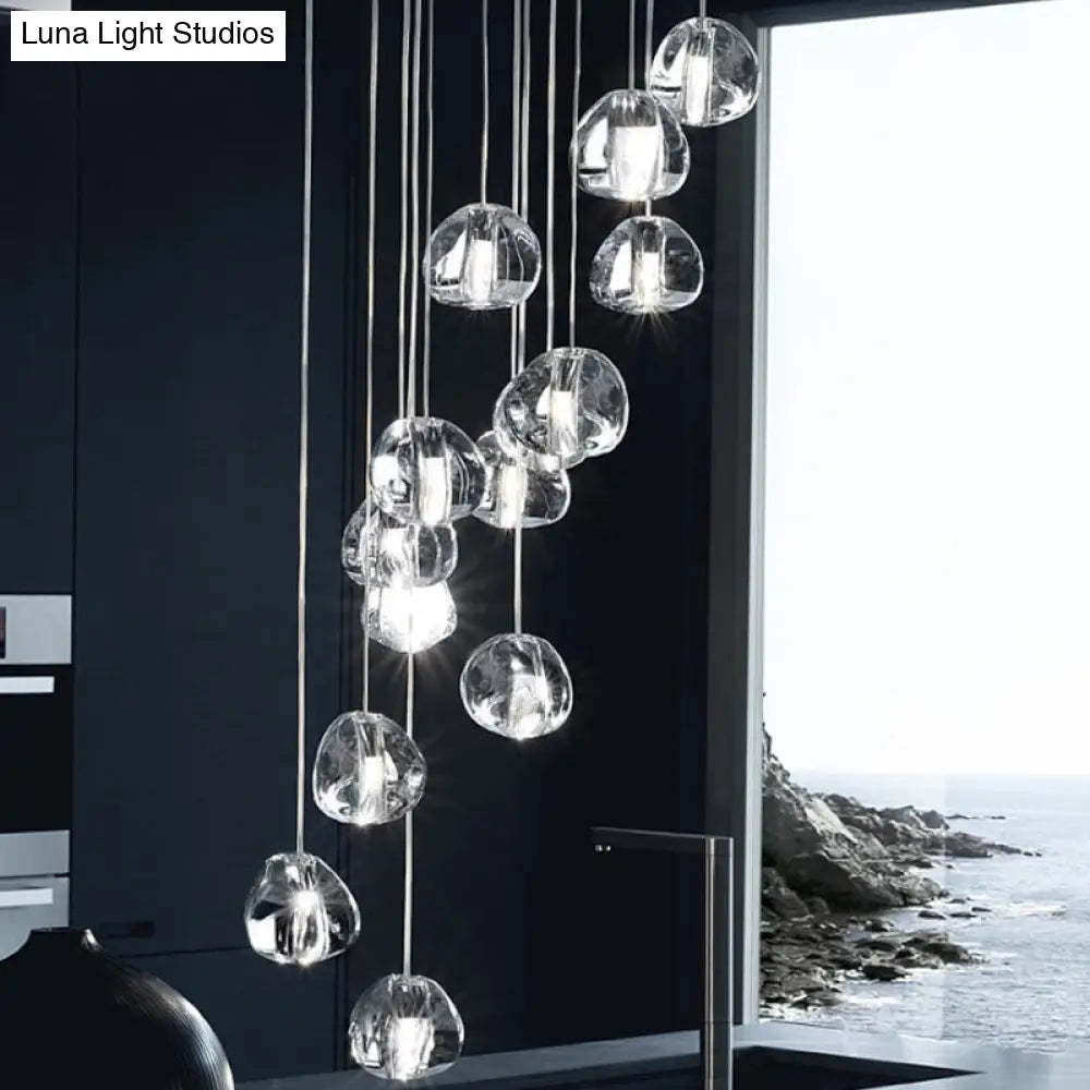 Modern Led Cluster Pendant Light With 14 Silver Bulbs And Clear Concave Glass