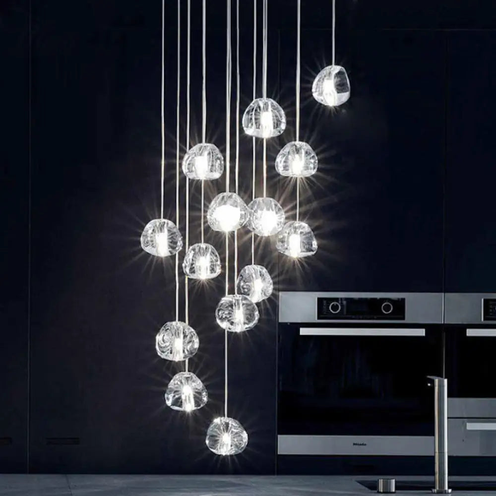 Modern Led Cluster Pendant Light With 14 Silver Bulbs And Clear Concave Glass