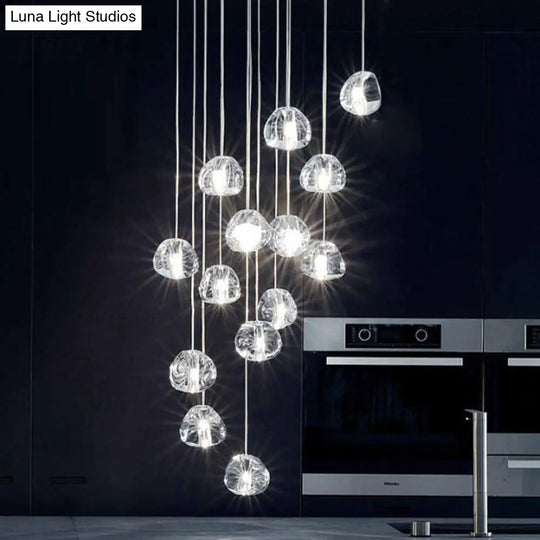 Modern Silver Led Cluster Pendant Ceiling Light - 14 Bulbs Clear Concave Glass Meteor Shower Design